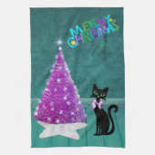 Kerstmis Zwarte Kat Roze Zilveren Boom Turkoois Ka Theedoek (Verticaal)