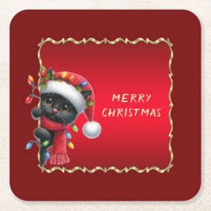 Kerstmis Zwarte Kat Vakantie Papieren Onderzetter