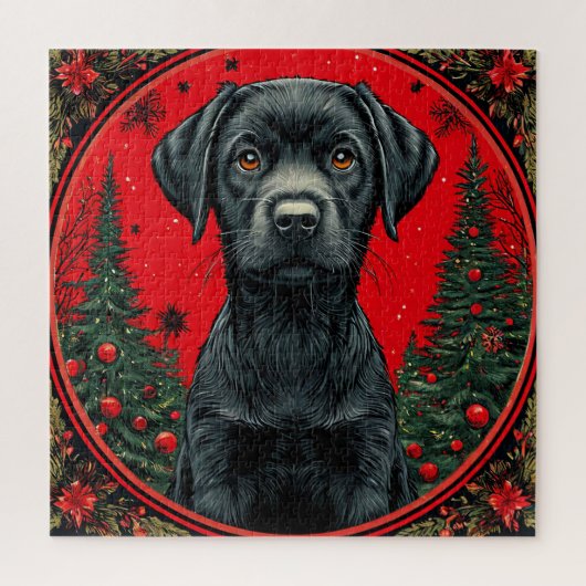 Kerstmis Zwarte Labrador Met Festieve Bomen Legpuzzel (Verticaal)