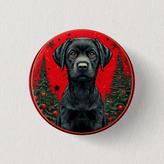 Kerstmis Zwarte Labrador Met Festieve Bomen Ronde Button 3,2 Cm (Voorkant)