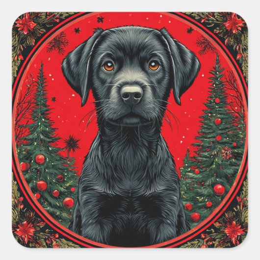 Kerstmis Zwarte Labrador Met Festieve Bomen Vierkante Sticker (Voorkant)