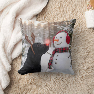 Kerstmis Zwarte Labrador Retriever met Sneeuwman Kussen