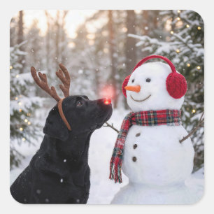 Kerstmis Zwarte Labrador Retriever met Sneeuwman Vierkante Sticker