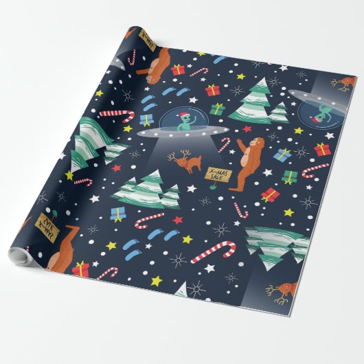 Kerstmisalien ontvoering Bigfoot Yeti Sasquatch Cadeaupapier (Uitgerold)