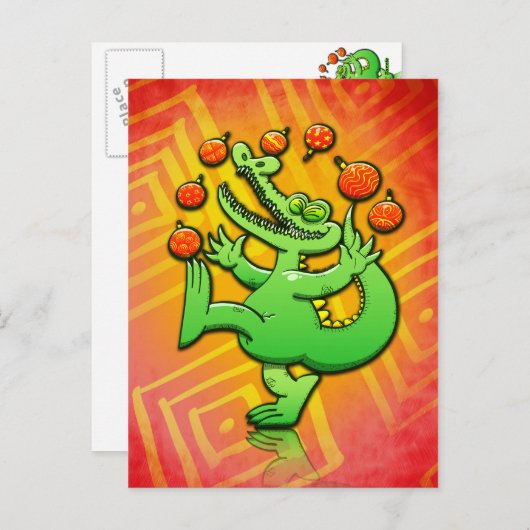 Kerstmisalligator jongleren met kerstballen feestdagenkaart (Voorkant / Achterkant)