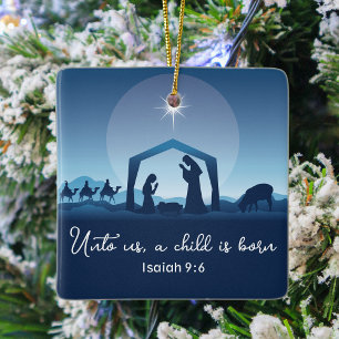 Kerstmiskerststal blauw Christelijk Keramisch Ornament