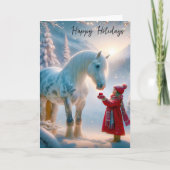 Kerstmismeisje met Dapple Grijs Paard Feestdagen Kaart (Voorkant)