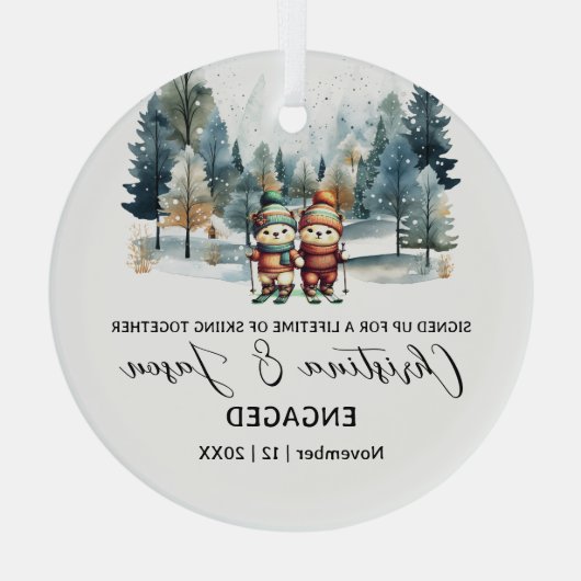 Kerstmisminimalistisch Forest Snow Couple Verlovin Glas Ornament (Achterkant)