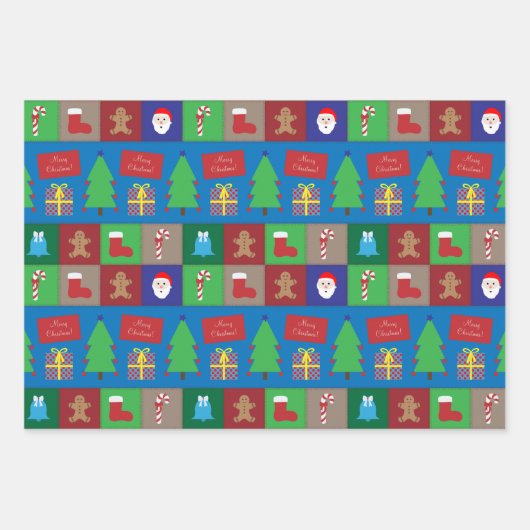Kerstmispatroon Blauw Beige en Kleurrijk Inpakpapier Vel (Voorkant 3)