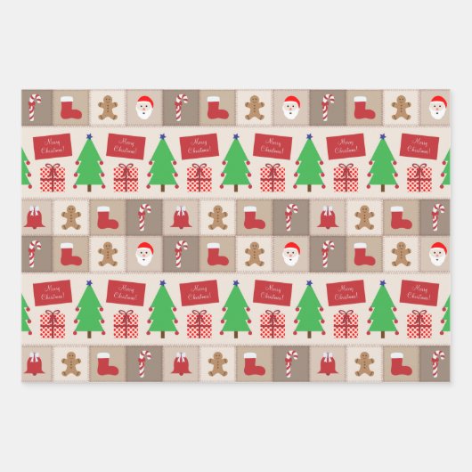 Kerstmispatroon Blauw Beige en Kleurrijk Inpakpapier Vel (Voorkant 2)