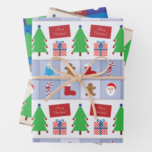 Kerstmispatroon Blauw Beige en Kleurrijk Inpakpapier Vel (In situ)