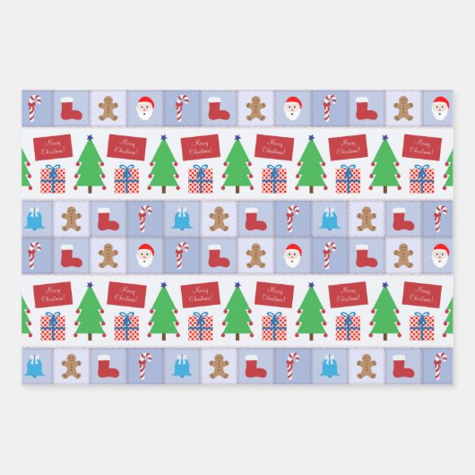 Kerstmispatroon Blauw Beige en Kleurrijk Inpakpapier Vel (Voorkant)