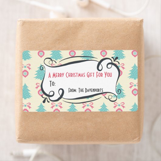 Kerstmispatroon met Bogen en Baubles Gift Etiket (Insitu)