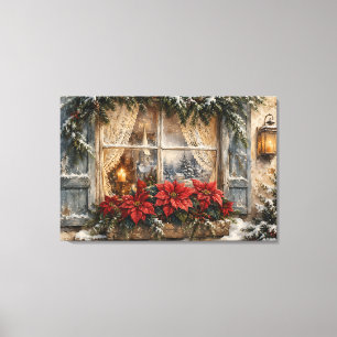 Kerstmisraam met besneeide Poinsettia Canvas Afdruk