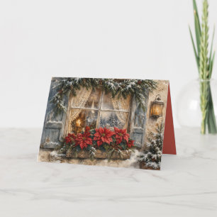 Kerstmisraam met besneeide Poinsettia Feestdagen Kaart