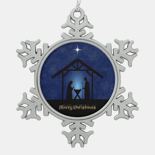 Kerstmisscène religieus tin sneeuwvlok ornament (Voorkant)