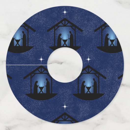 Kerstmisscène religieus wijnglaslabel (Voorkant)