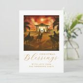 Kerstmisscène zegenend gouden script feestdagenkaart (Staand voorkant)