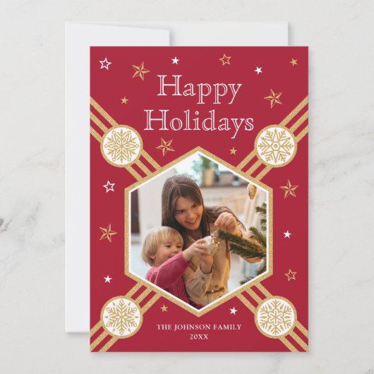 Kerstmissneeuwvlok Fotonaam Deep Red Flat Label Feestdagenkaart (Voorkant)