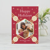 Kerstmissneeuwvlok Fotonaam Deep Red Flat Label Feestdagenkaart (Staand voorkant)