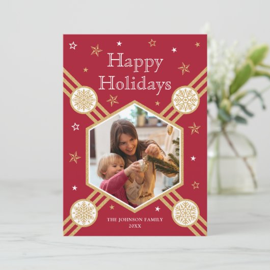 Kerstmissneeuwvlok Fotonaam Deep Red Flat Label Feestdagenkaart (Staand voorkant)