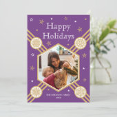 Kerstmissneeuwvlok Fotonaam Paarse Flat Label Feestdagenkaart (Staand voorkant)
