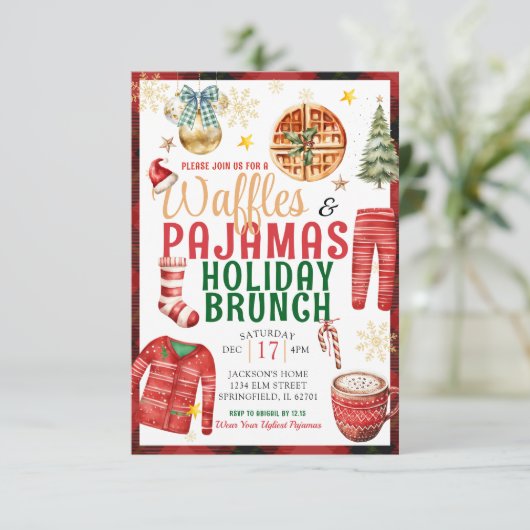 Kerstmiswafel en pyjama vakantie brunch kaart (Staand voorkant)