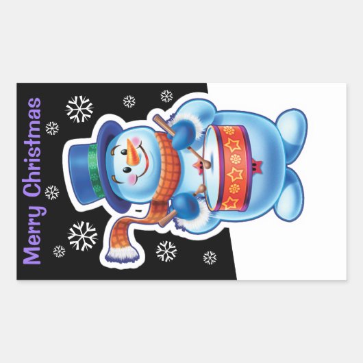 Kerstmiszwarte rechthoek sticker Snowman drummer. (Voorkant)