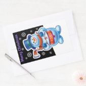 Kerstmiszwarte rechthoek sticker Snowman drummer. (Envelop)