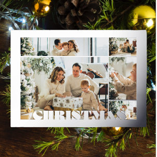 Kerstmoderne letters vijf foto's familie zilver folie feestdagenkaart
