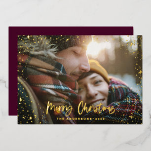 Kerstmoderne, minimale fotoscriptster paars folie feestdagenkaart