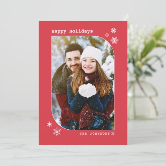 Kerstmoderne, minimale rood- en witte fotokaart feestdagenkaart (Staand voorkant)