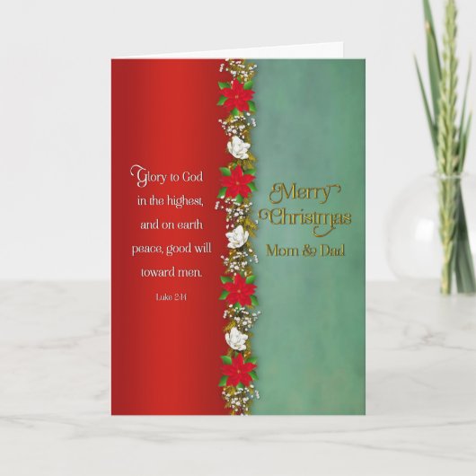 Kerstmoeder en pap Rode Poinsettias in Garland Kaart (Voorkant)