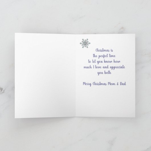 Kerstmoeder en pap sneeuwvlokken en vogelholida feestdagen kaart (Binnen)