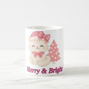 Kerstmok met roze kat Merry & Bright Koffiemok