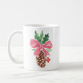 Kerstmok met rustieke dennenappel en rode strik koffiemok