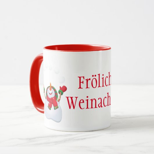 kerstMok-Snowman-Frohliche Weihnachten Mok (Voorkant links)