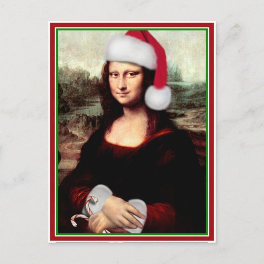Kerstmona Lisa met kerstman Feestdagenkaart (Voorkant)