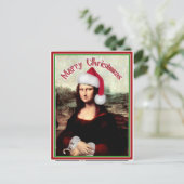 Kerstmona Lisa met kerstman Feestdagenkaart (Staand voorkant)