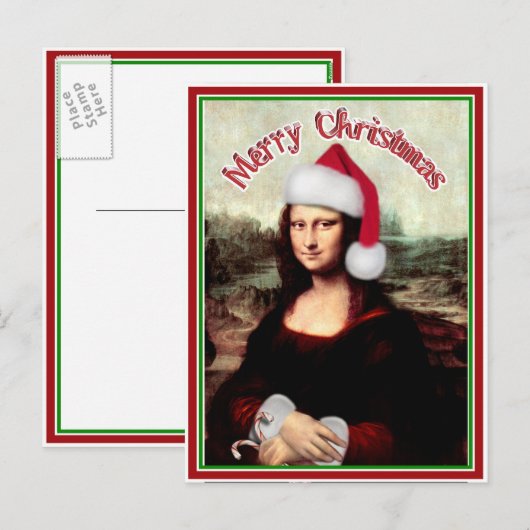 Kerstmona Lisa met kerstman Feestdagenkaart (Voorkant / Achterkant)
