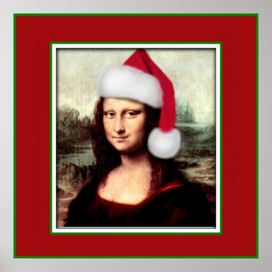 Kerstmona Lisa met kerstman Poster (Voorkant)