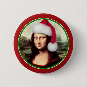 Kerstmona Lisa met kerstman Ronde Button 5,7 Cm