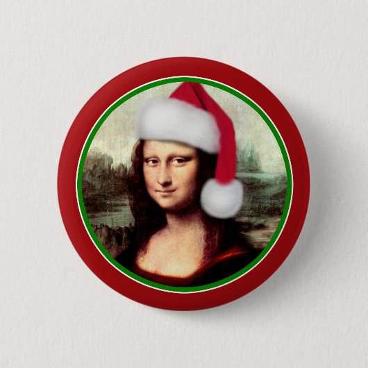 Kerstmona Lisa met kerstman Ronde Button 5,7 Cm (Voorkant)