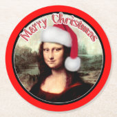 Kerstmona Lisa met kerstman Ronde Kartonnen Onderzetter (Voorkant)