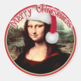 Kerstmona Lisa met kerstman Ronde Sticker