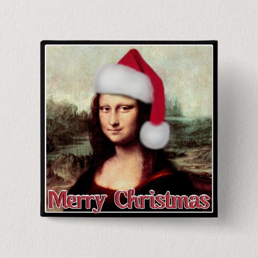 Kerstmona Lisa met kerstman Vierkante Button 5,1 Cm (Voorkant)