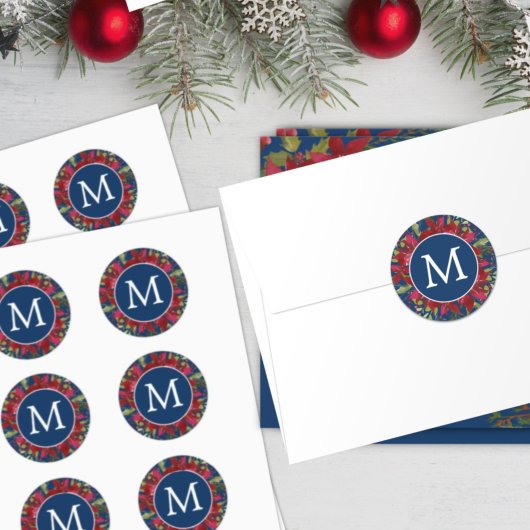 kerstmonogram Botanische Poinsettia Elegant Ronde Sticker