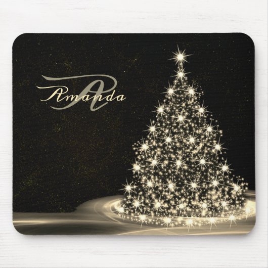 Kerstmonogram Gouden Glanzende Boom Winter Zwart Muismat (Voorkant)