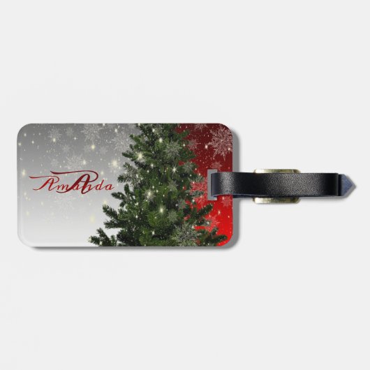 Kerstmonogram Groene Boom Red Silver Snowflake Bagagelabel (Achterkant horizontaal)