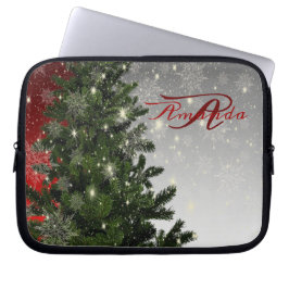 Kerstmonogram Groene Boom Rode Zilveren Sneeuwvlok Laptop Sleeve